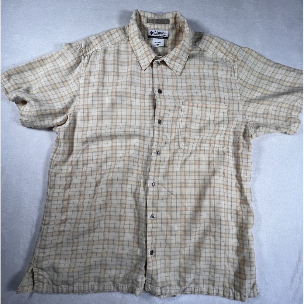 Columbia Shirt Mens L Pale Yellow Plaid Camp Shirt- See‎ Descript